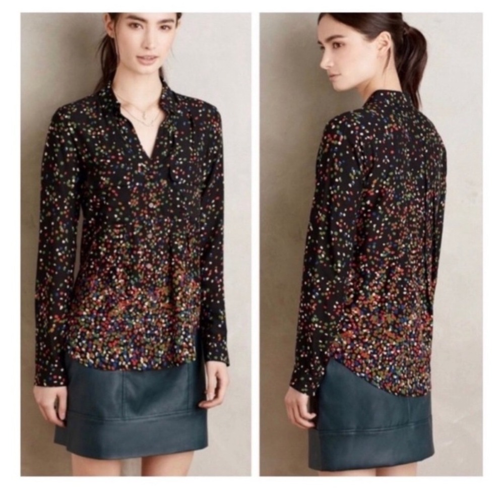 Maeve Anthropologie Wynwood Black Confetti Dot Button Down Blouse Multicolor 12